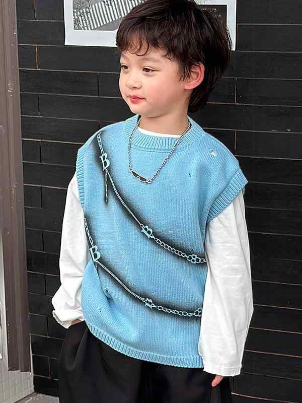 ニットベスト 男の子 キッズ 韓国風 おしゃれ カジュアル セーター ベスト ジレ プルオーバー ラウンドネック ノースリーブ 柔らか アクリル 秋 冬 ブルー グレー