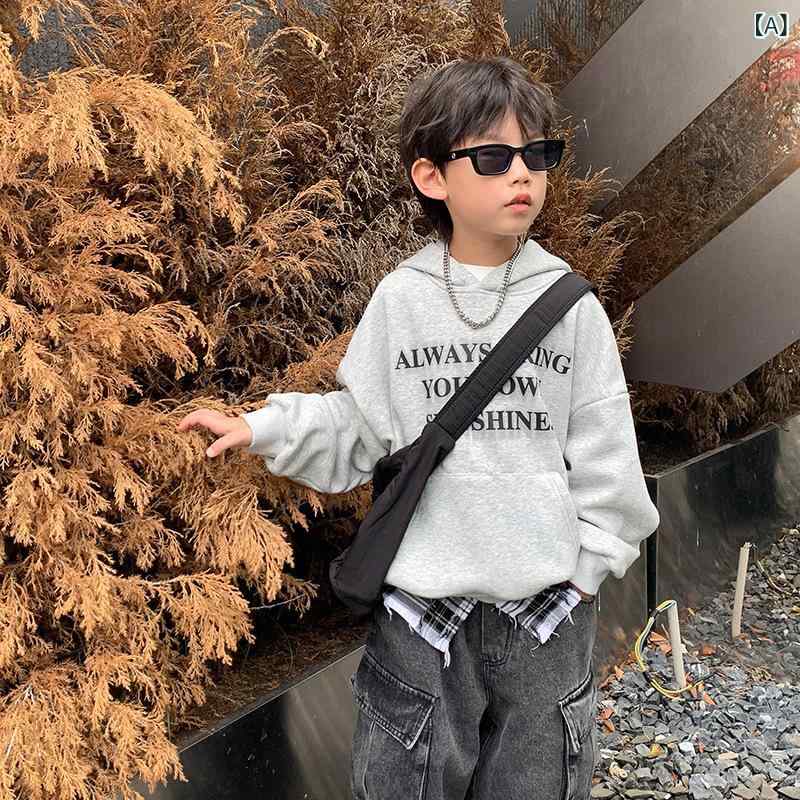 キッズ 男の子 パーカー フーディー スウェット トレーナー 韓国風 英字 ロゴ 裏起毛 厚手 暖かい 長袖 プルオーバー 綿混 コットンブレンド 秋冬 グレー