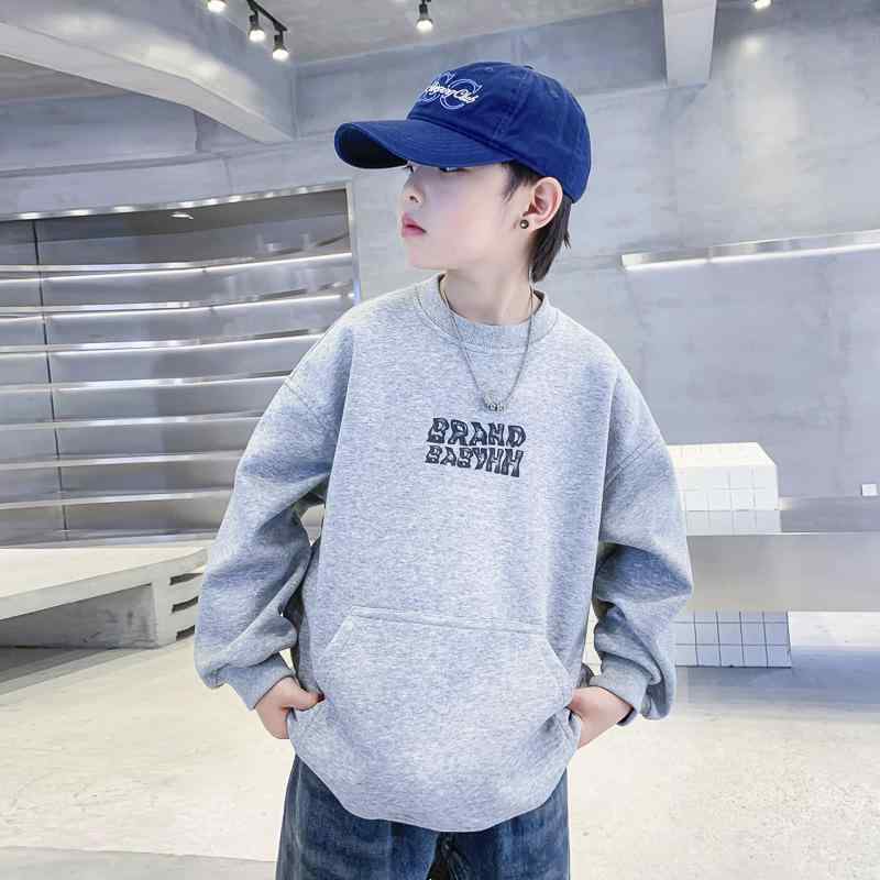 スウェット 男の子 子供 裏起毛 厚手 韓国風 かっこいい ゆったり プルオーバー 長袖 トップス 秋冬 冬 暖かい 綿 コットン プリント 普段使い 通学 杢グレー