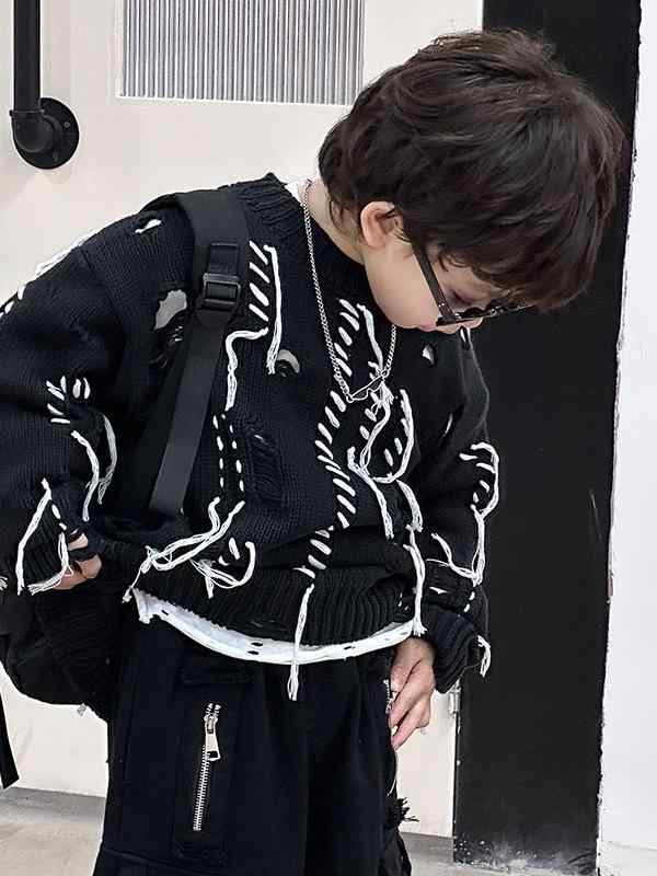 ニット 男の子 キッズ かっこいい おしゃれ 韓国風 ライン ストライプ セーター トップス 長袖 丸首 アクリル 春 秋 冬 普段使い お出かけ 通学 快適 カジュアル 黒