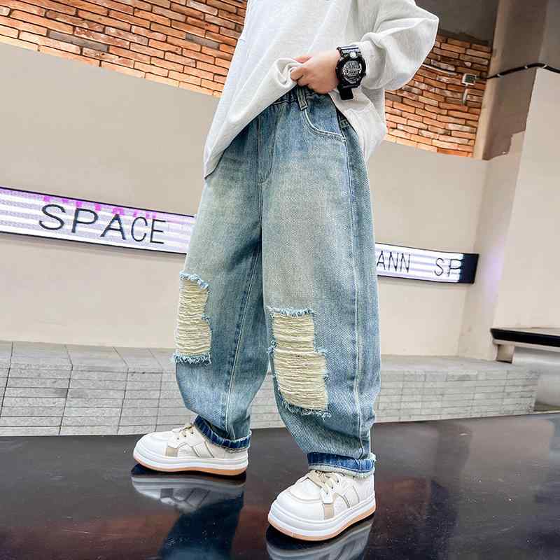 デニム パンツ 男の子 キッズ ジュニア ダメージ加工 ゆったり ルーズ ストレート ウエストゴム コットン ライトブルー 韓国ファッション カジュアル おしゃれ 普段使い 通学 オールシーズン 柔らかい肌触り