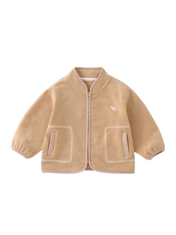 アウター ベビー キッズ 男の子 女の子 秋冬 暖かい 厚手 保温 フリース ジャケット ジャンパー 丸首 長袖 ジップアップ ポリエステル カフェオレ ブラウン 普段使い カジュアル かわいい
