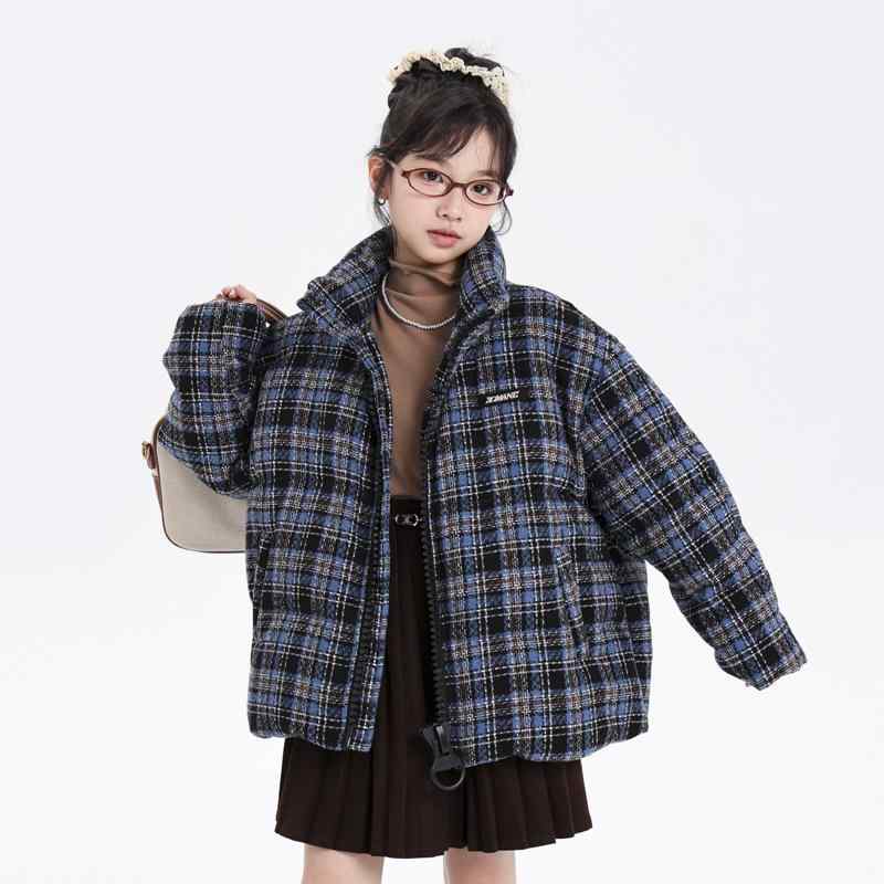 ダウンジャケット 女の子 キッズ ジュニア 韓国風 チェック柄 厚手 防風 ショート丈 ゆったり ダウン ポリエステル ウール調 ジップアップ 冬物 アウター｜Grams店