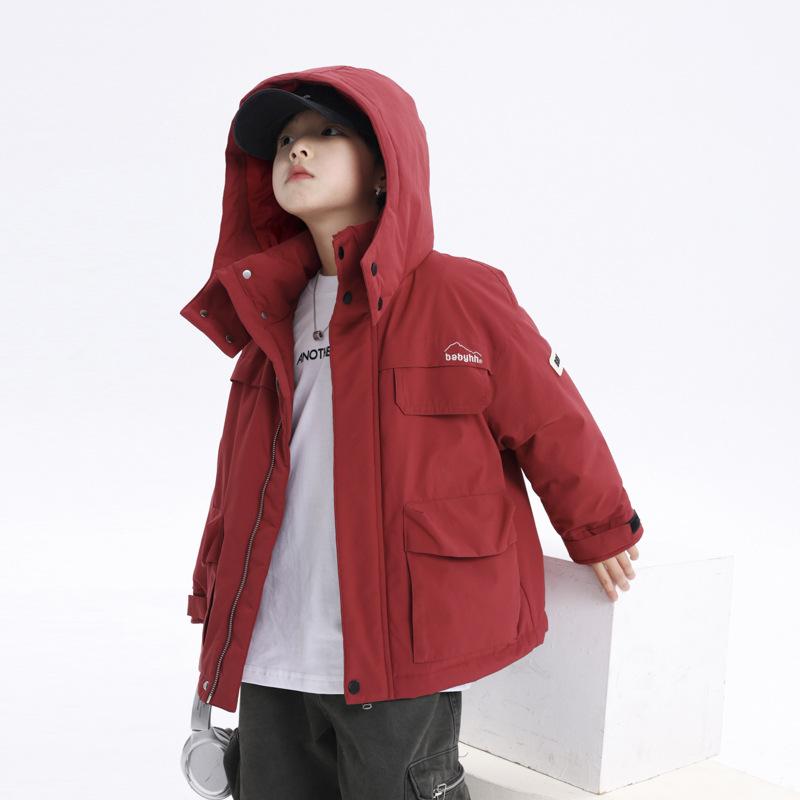 ダウンジャケット 男の子 キッズ ジュニア 冬服 冬物 防寒 アウター ダウンコート 防風ジャケット カジュアル フード付き ゆったり ビッグシルエット 厚手 暖かい 保温 ジップアップ ポリエステル ダウン 韓国風 おしゃれ 赤 レッド