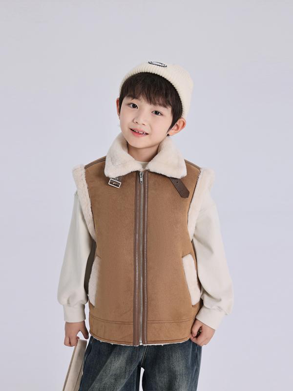 キッズ 男の子 スエード調 ベスト ジレ 配色切り替え バイカラー ポリエステル 中綿 厚手 秋 冬 カジュアル スポーツ おしゃれ フードなし カーキ