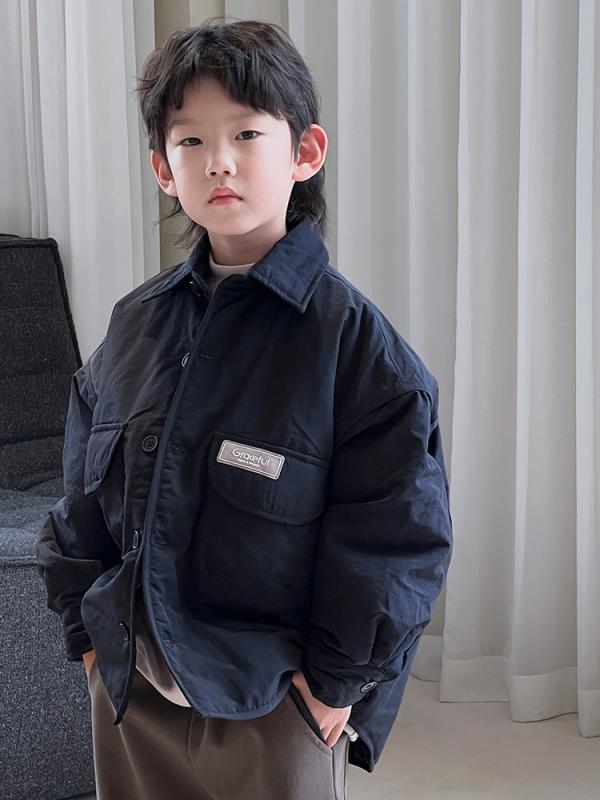 キッズ 男の子 ジュニア 中綿ジャケット 厚手 キルティング コート あったか 保温 防寒 冬物 アウター 襟付き フードなし 韓国ファッション 通学 カジュアル ポリエステル 黒 軍緑 カーキ
