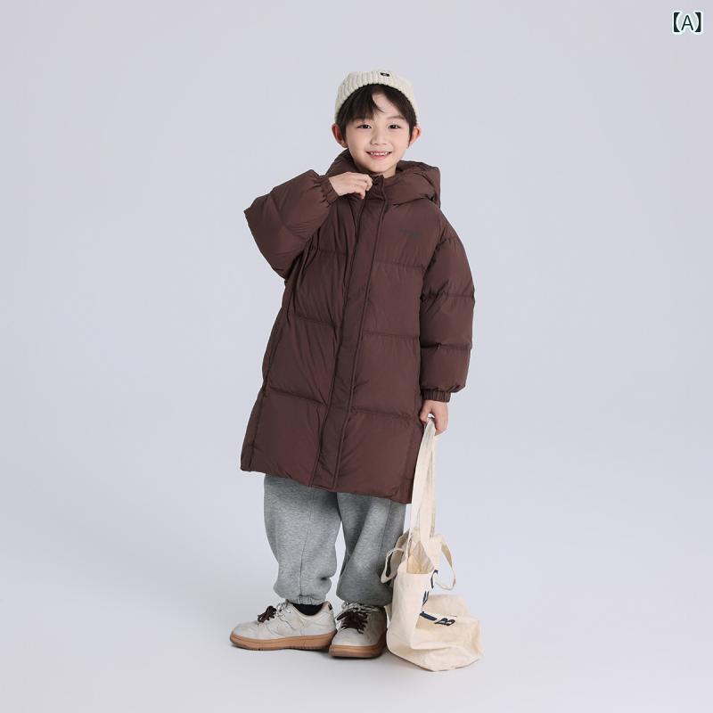 キッズ 男の子 ダウンジャケット ダウンコート ロング丈 ダウン 万能 カジュアルスタイル 無地 フード付き ジップアップ ファスナー 長袖 ポリエステル 柔らかな肌触り ゆったり ルーズフィット 厚手 暖かい 防寒 幼児 小学生 ブラック|Grams店