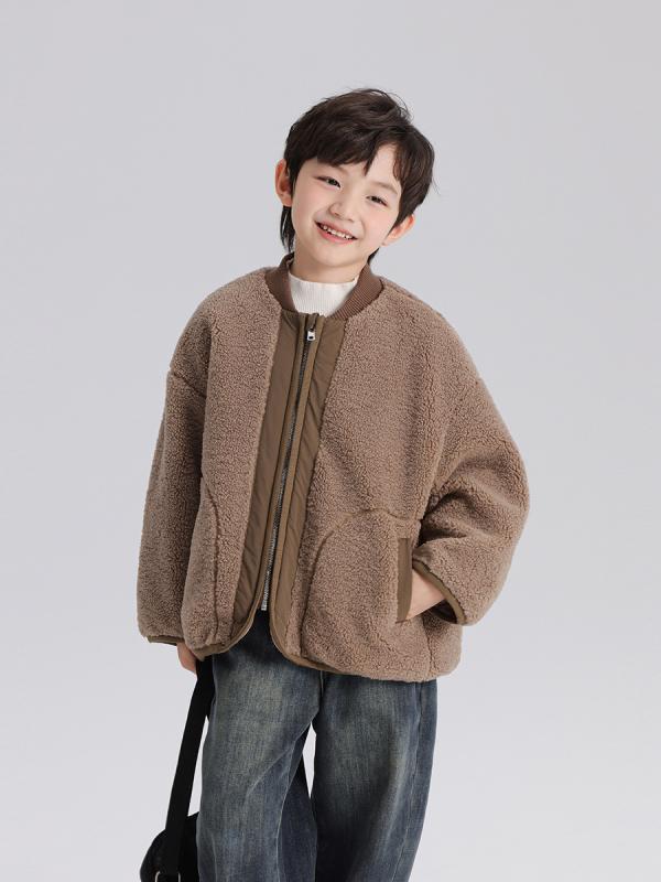 ジャケット 男の子 キッズ ジュニア ふわふわ モコモコ ブルゾン ベースボールカラー ショート丈 ジップアップ アウター 秋冬 ポリエステル 韓国風 カジュアル トレンド 通園 通学 おしゃれ カーキ