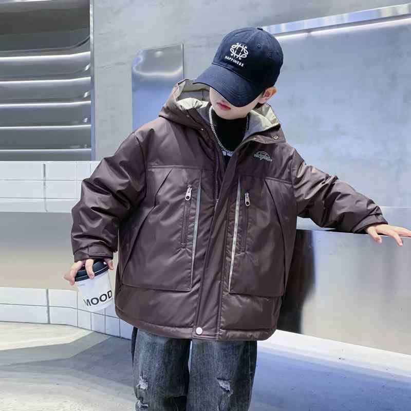 ダウンジャケット 男の子 キッズ 中高学年 冬服 アウトドア 厚手 防寒 フード付き ショート丈 ルーズフィット ダウン 韓国ファッション ロゴプリント オリーブグリーン ココアブラウン|Grams店