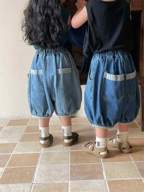パンツ キッズ 男の子 女の子 デニムパンツ 薄手 春 夏 ゆったり バルーンパンツ 5分丈 ハーフパンツ 綿 コットン 柔らかい ハイウエスト カジュアル 普段使い ライト ダーク