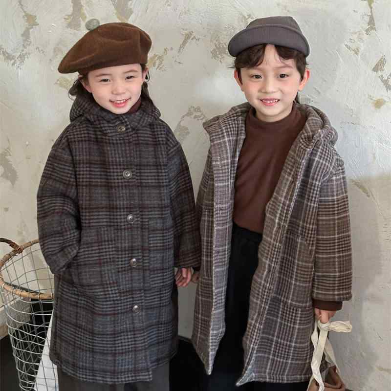 キッズ コート 男の子 女の子 ベビー ジュニア 冬物 裏起毛 厚手 フード付き チェック柄 ロング丈 ダブルボタン アウター 防寒 ナチュラル カジュアル 暖かい ポリエステル ダークグレー ライトグレー