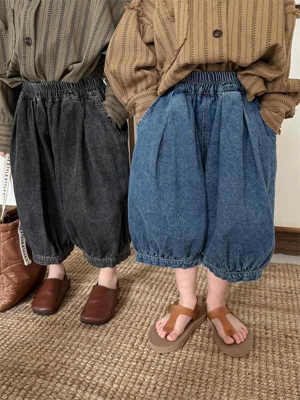 パンツ 男の子 女の子 ベビー キッズ デニム 綿 ゆったり バルーンパンツ 7分丈 8分丈 無地 春 夏 秋 ゴムウエスト 普段使い カジュアルスタイル 柔らかい ブルー 煙灰色