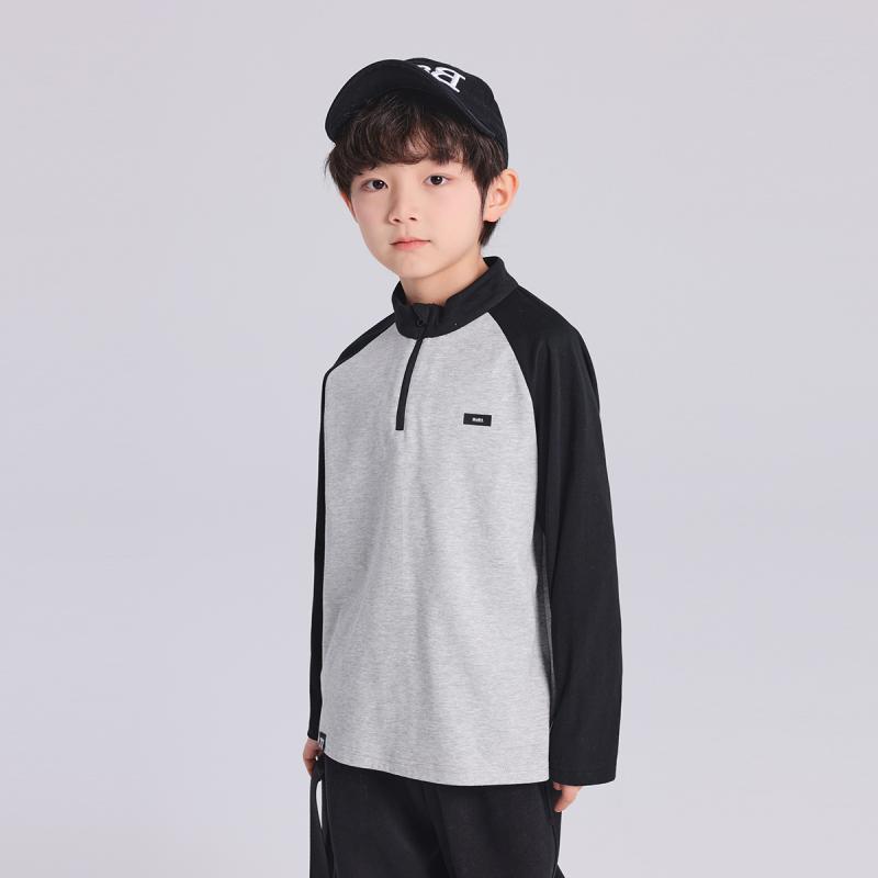 Tシャツ 男の子 キッズ 長袖 スタンドカラー カットソー カラーブロック トレンド シンプル おしゃれ カジュアル 綿 コットン 肌触り良い やわらか 春 秋 普段使い 通学 デイリー 快適 グレー トップス