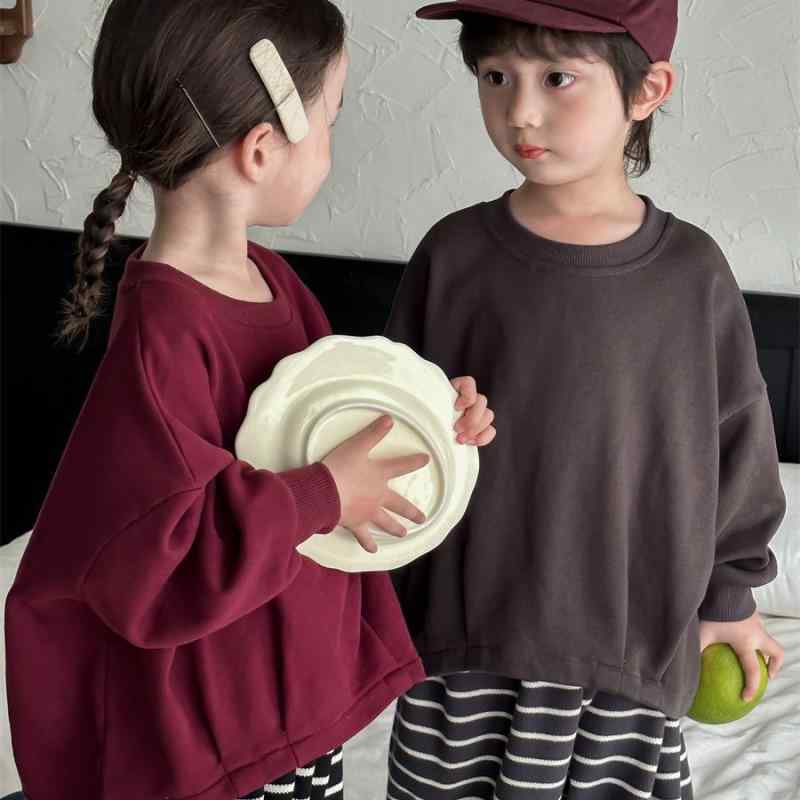 スウェット 男の子 女の子 ベビー 子供 秋物 長袖 丸首 ドルマンスリーブ ゆったり ルーズ カジュアル プルオーバー コットン 柔らか加工 無地 赤 グレー トップス