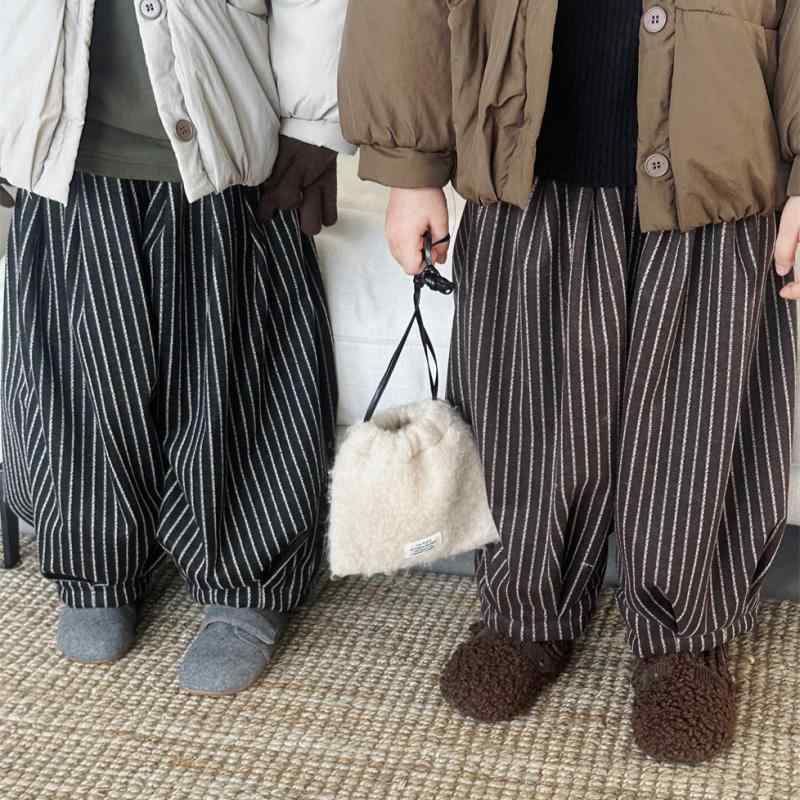 キッズパンツ 男の子 女の子 ベビー 冬 裏起毛 ストライプ メルトン ウール ポリエステル 厚手 バルーン ハイウエスト ウエストゴム カジュアル ロングパンツ 長ズボン ブラック コーヒー