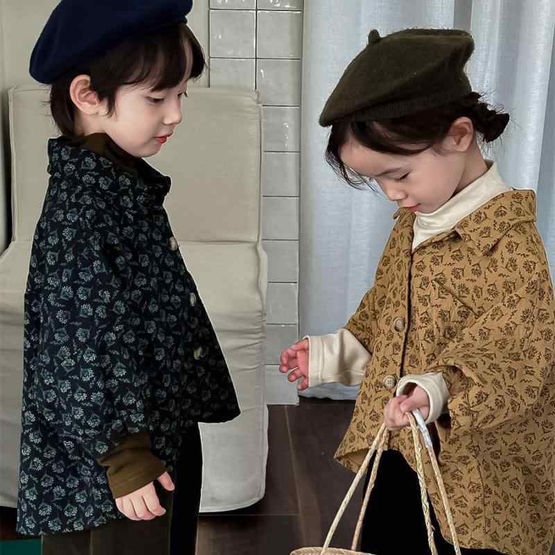 シャツ 男の子 女の子 ベビー 子供服 秋 綿 麻 小花柄 九分袖 ドルマンスリーブ トップス ナチュラル カジュアル かわいい ゆったり 襟付き 普段使い お出かけ 通園 イエロー ブラック