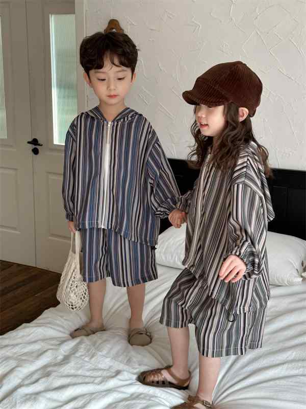 キッズ 男の子 女の子 ベビー フード付き ジャケット ショートパンツ 縦ストライプ UVカット 綿混紡 春夏 セット 抹茶グリーン ブルー