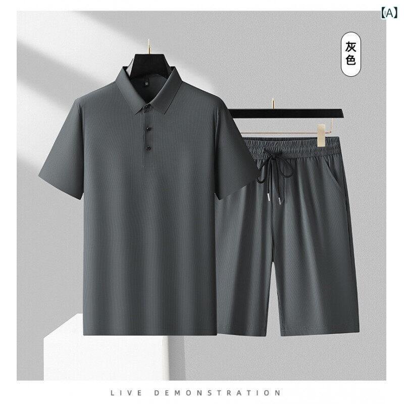 Tシャツ メンズ お父さん世代 半袖 ショートパンツ セットアップ 薄手 軽量 ストレッチ 伸縮性 接触冷感 綿 夏物 通勤 スポーツ おしゃれ グレー ブラック ネイビー
