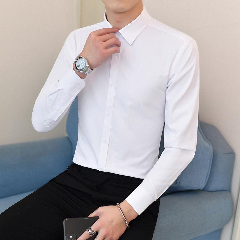 シャツ メンズ 男性 大人 トップス 韓国風 無地 襟付き 長袖 スリムフィット 細身 綿混 通気性 ビジネス カジュアル オフィス 通勤 開襟 春服 秋服 白 黒 ネイビー