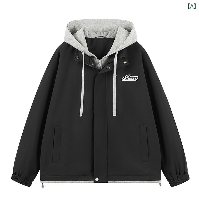ジャケット メンズ フェイクレイヤード 重ね着風 フード付き パーカー ブルゾン ライトアウター ゆったり オーバーサイズ ルーズフィット ストリートファッション カジュアル ポリエステル 通気性 学生 春秋 配色切り替え 黒 カーキ キャメル