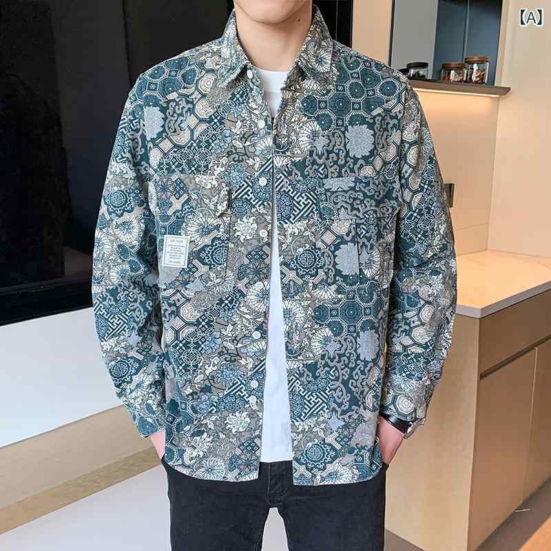 シャツ メンズ 男性用 民族風 エスニック 長袖 襟付き ビッグシルエット ルーズフィット プリント 開襟 綿混 通気性 カジュアル 普段使い グリーン ワインレッド