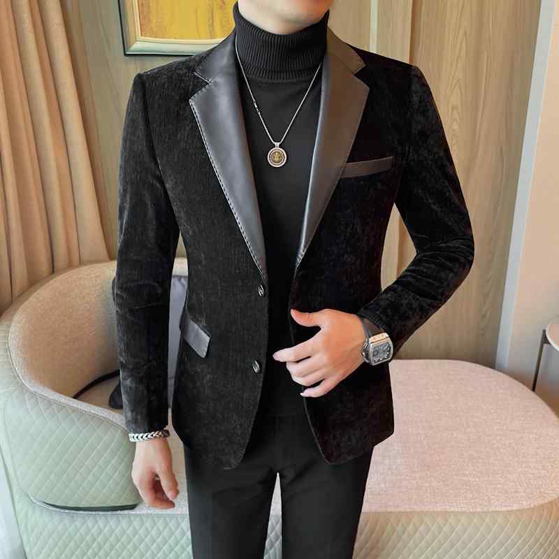 テーラードジャケット メンズ 男性 異素材切り替え スリムフィット コーデュロイ リネン カジュアルブレザー ウォッシャブル 2ボタン シングルブレスト センターベント 秋 冬 黒 コーヒー