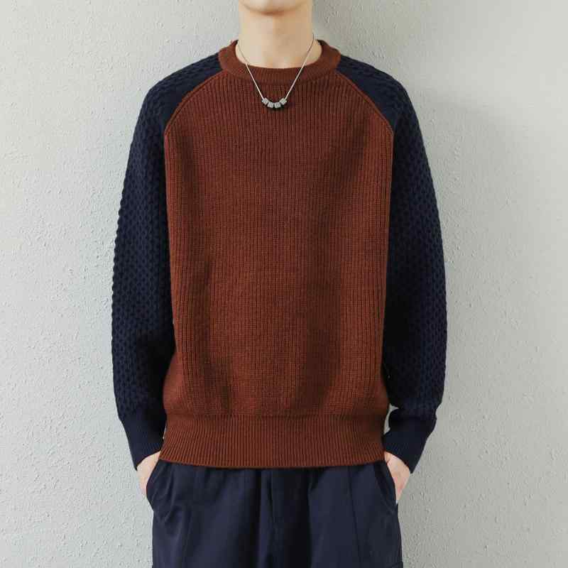 ニット メンズ ゆったり 厚手 配色 リブ編み プルオーバー クルーネック 長袖 セーター カジュアル 混紡 ナイロン ホワイト ダークグレー コーヒーブラウン
