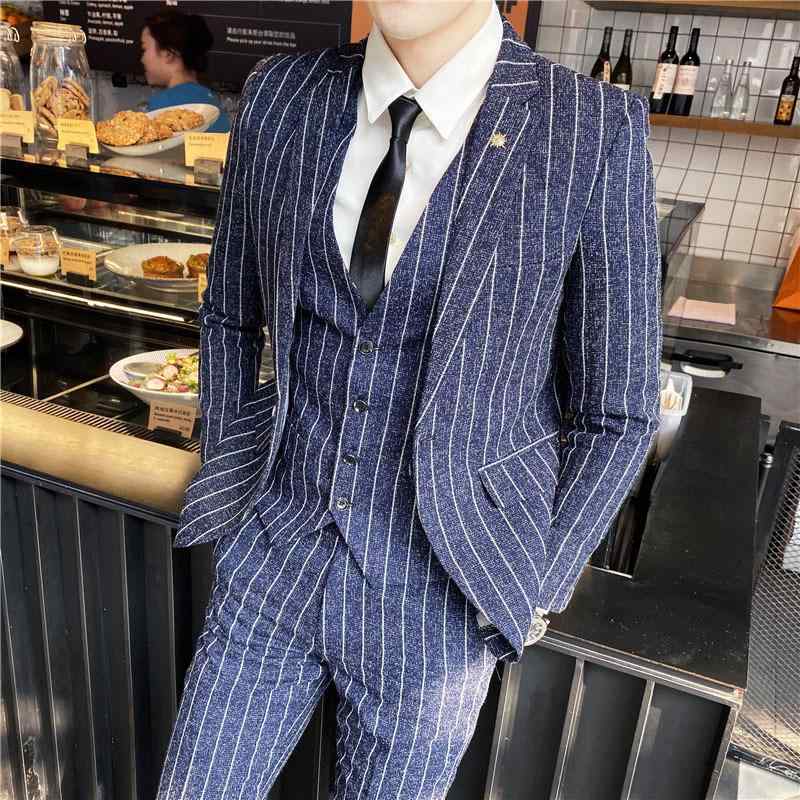 スーツ 男性用 スリムフィット ストライプ ビジネス フォーマル スリーピース セット 1つボタン ジャケット ブリティッシュスタイル 通勤 オフィス 春秋 レーヨン混紡 ブラック グレー ネイビー｜Grams店