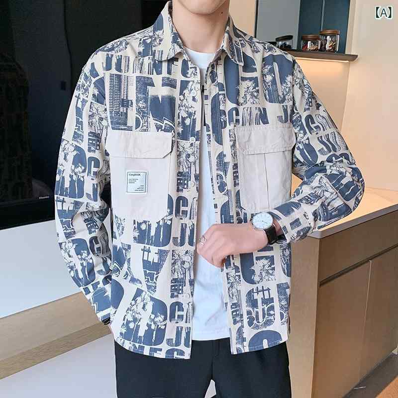 シャツ メンズ ファッション おしゃれ レタープリント 長袖 ゆったり ビッグシルエット 襟付き ビッグポケット 綿 通気性 カジュアル 普段使い ブルーグレー グリーン