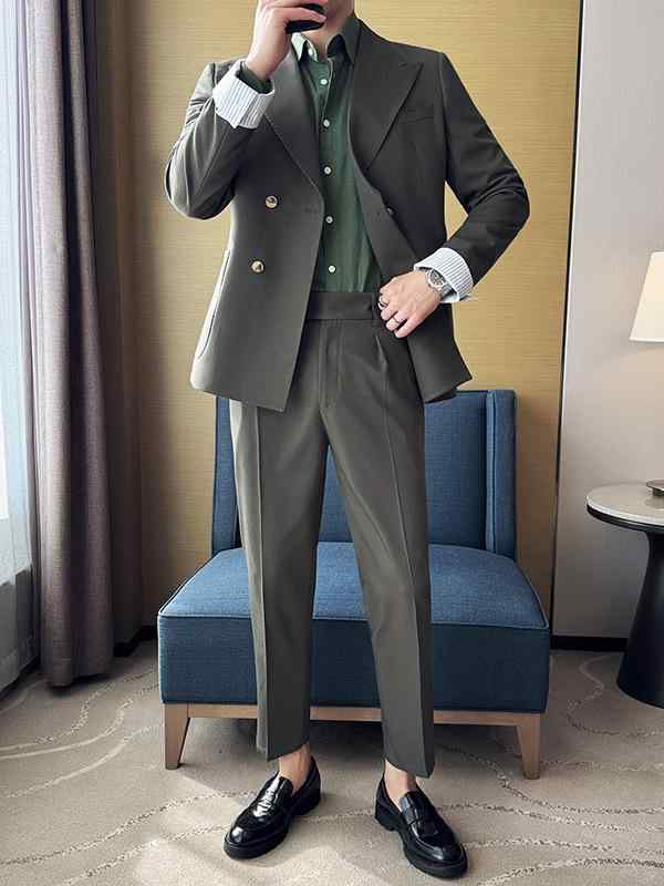 スーツ メンズ 袖口 ストライプ 折り返し デザイン 薄手 軽量 セットアップ アセテート素材 ビジネス オフィス 通勤 カジュアル 春物 スタイリッシュ エグゼクティブ 洗練された ツーピース グリーン ネイビー ホワイト｜Grams店