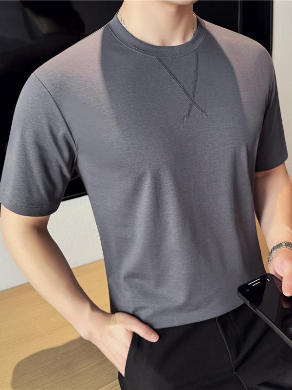 Tシャツ メンズ 韓国ファッション 無地 シンプル 半袖 吸湿速乾 クルーネック ドロップショルダー 刺繍 カットソー 綿混 コットン スリムフィット 普段使い カジュアル 夏 トップス 黒 白 灰色