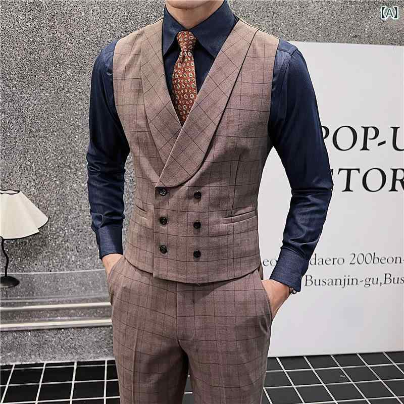 ベスト ジレ メンズ 男性用 格子柄 ダブルボタン Vネック スリムフィット 韓国風 フォーマル 結婚式 披露宴 介添人 ビジネスカジュアル カジュアル ポリエステル オールシーズン コーヒーブラウン ブラック ダークグレー