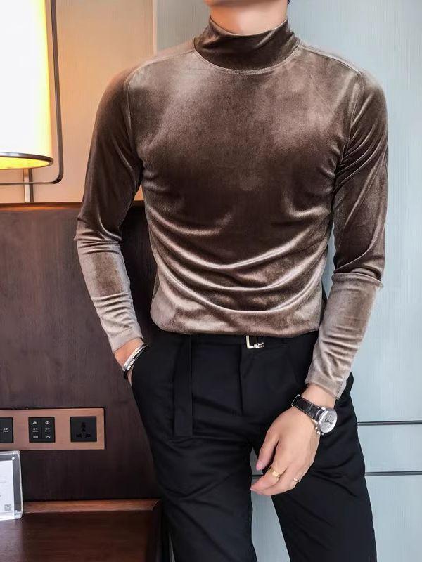 Tシャツ メンズ 秋 フリース ベロア 起毛 長袖 カットソー トップス スリムフィット 細身 ハイネック タートルネック 無地 カジュアル ブラック グレーブルー ダークブラウン