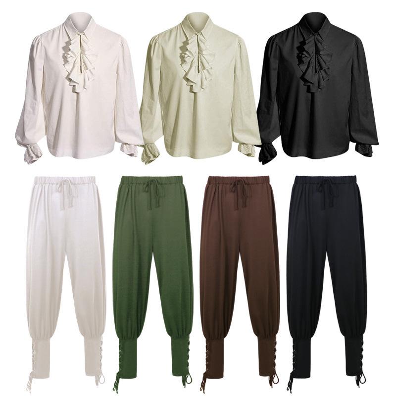 シャツ パンツ セットアップ メンズ レディース 中世 ルネサンス レトロ 海賊 パイレーツ 吸血鬼 ヴァンパイア レース フリル 長袖 ロングパンツ 舞台 衣装 コスプレ イベント スパンデックス オールシーズン 白 黒 ベージュ