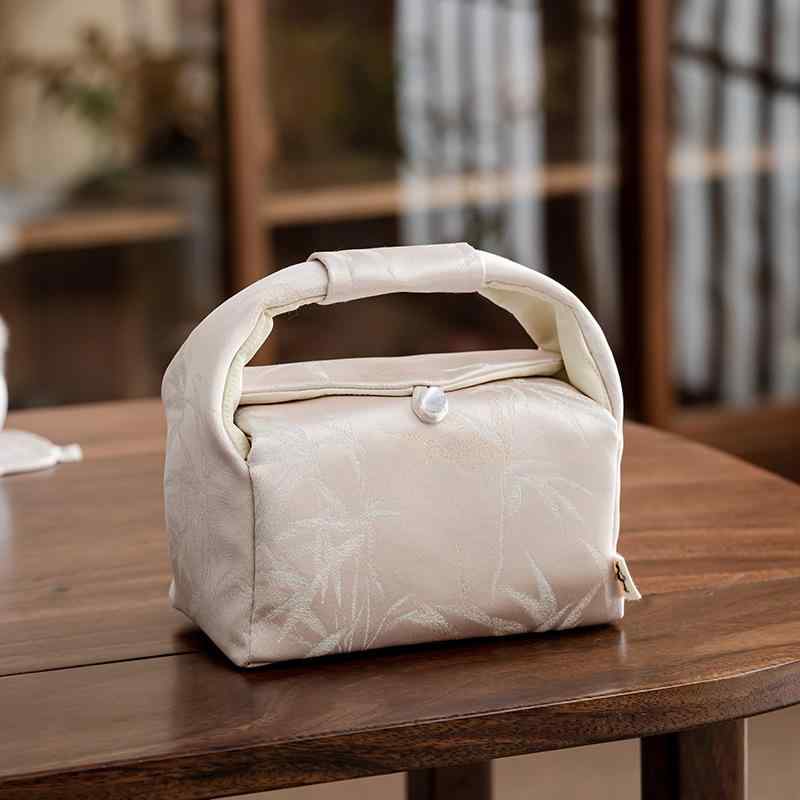 茶器収納バッグ 茶道ケース 織錦刺繍 竹模様 持ち手 旅行 アウトドア 携帯 ポータブル 急須 湯呑み 茶具セット 収納ポーチ 布製 チャイナ風 和モダン ピンク グレー グリーン