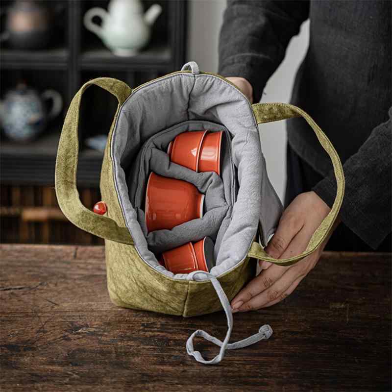茶道具 収納バッグ 絞り染め 帆布製 トラベルポーチ 厚手 クッション 中綿入り 取り外し可能 セパレート ポータブル 持ち運び便利 おしゃれ レトロ モダン中華風 アジアンテイスト サンドイエロー ティーグリーン ブラック