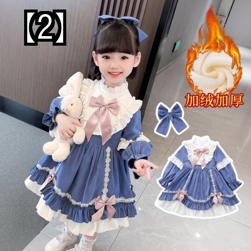 ワンピース 子供服 22年 秋冬 おしゃれ 女の子 ロリータ ドレス キッズ ガール ベビー スカート ブルー 長袖 最新アイテム