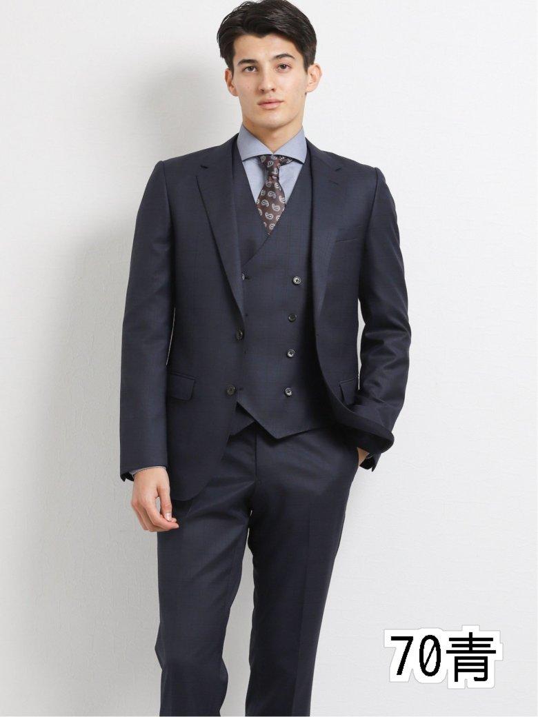超激安 楽天市場 メンズ ストレッチ光沢ウール混 スリムフィット2釦3ピーススーツ チェック紺 タカキュー 楽天市場店 激安ブランド Propertyingrenada Com