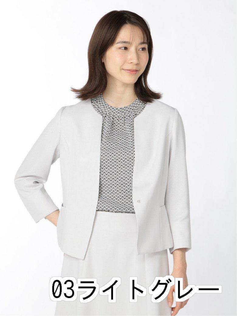 麻調合繊 セットアップ キーネック7分袖ジャケット レディース ライトグレー スーツ ビジネススーツ