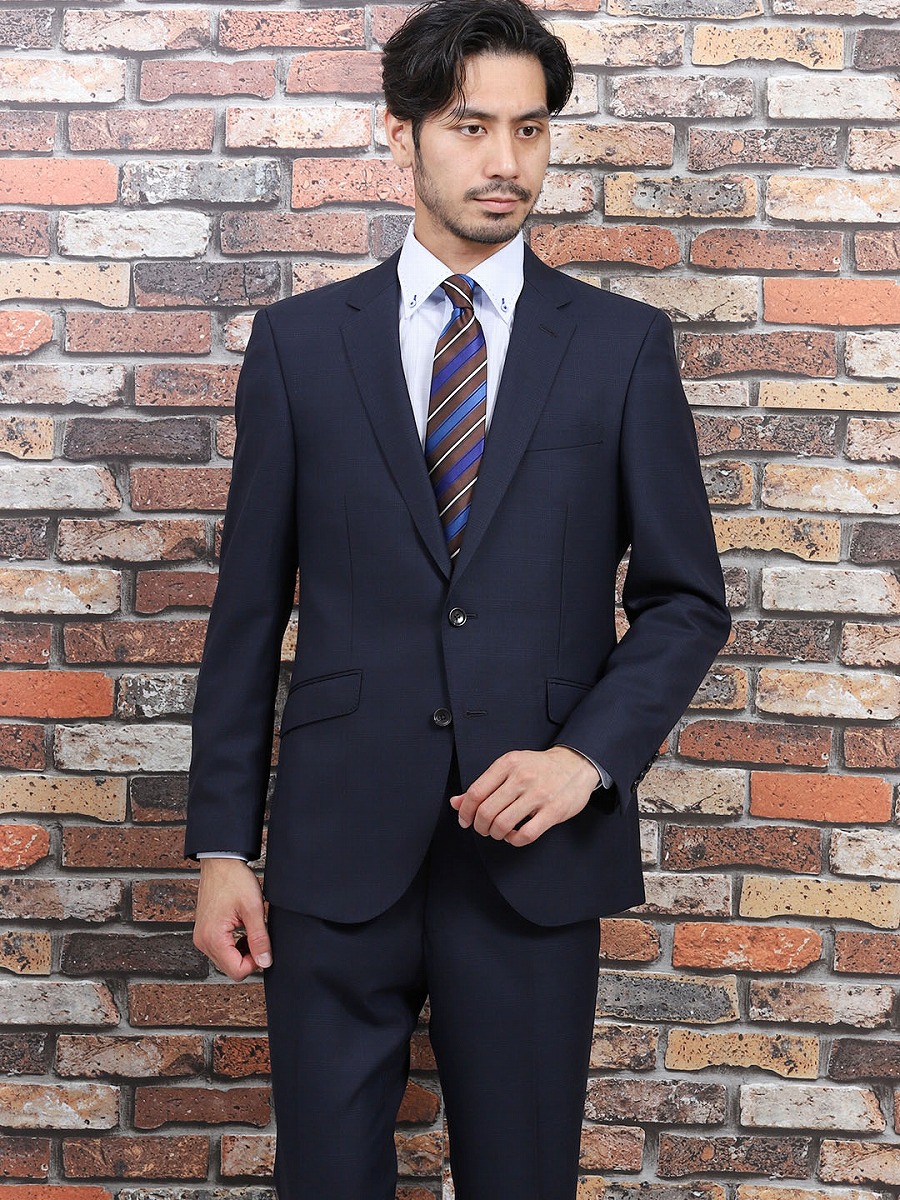 本店は メンズ 洗えるスラックス レギュラーフィット2ピーススーツ グレンチェック 紺 レギュラースタイルスーツ 即日出荷 Prcs Org Pk