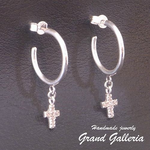 【送料無料】【両耳】【Grand Galleria グランドガレリア】 クロス 十字架 フープ ピアス キュービックジルコニア シルバー シルバーアクセサリー シルバー925 ハンドメイド 手作り 彼氏 メンズ レディース 彼女 誕生日 プレゼント ギフト包装
