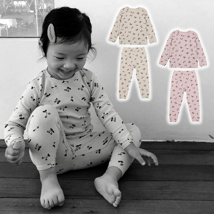 パジャマ キッズ 長袖 女の子 ベビー 子ども 上下セット セットアップ かわいい 綿 コットン 長ズボン キッズパジャマ ルームウェア セット さくらんぼ チェリー 子供服 おしゃれ 可愛い シンプル キッズ服 ベビー服 部屋着 春 秋