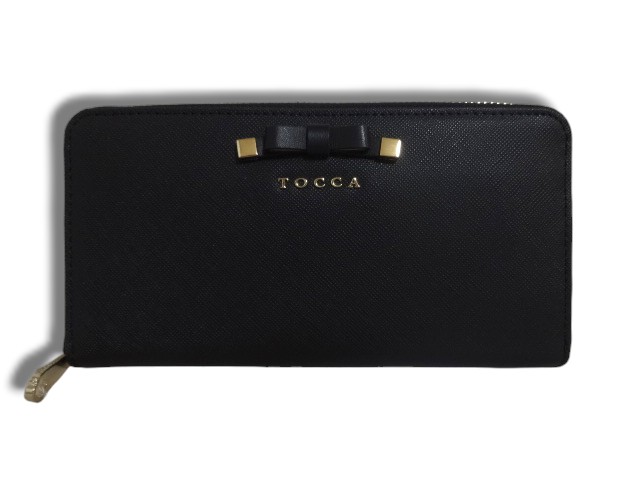 TOCCA　トッカ　長財布　ラウンドファスナー長財布　TINY RIBBON LONGWALLET　ブラック　リボン　メタルロゴ　シンプル　型押しレザー　牛革