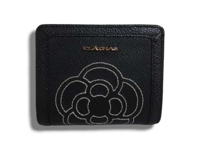 クレイサス CLATHAS 財布 ミニ財布 二つ折り財布 セルジュ デニム素材 カメリア ゴールドロゴエンブレム ブラック 牛革 本革 レザー|Grande shop