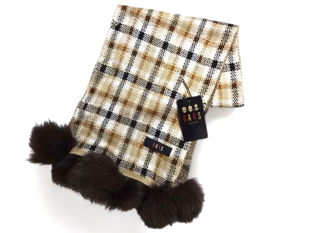 ダックス DAKS マフラー フォックス ウール使用 チェック柄 ボンボン 日本製 ベージュ ブラウン 茶色 レディース 女性 婦人 防寒