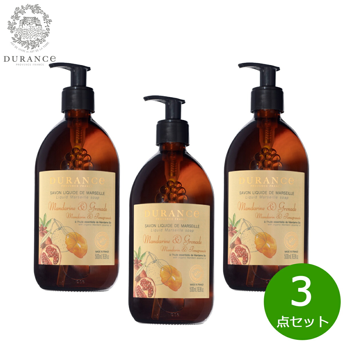 【店内ポイント最大50倍！本日限定！】DURANCE デュランス ザ エッセンシャルズ マルセイユリキッドソープ マンダリン＆ポメグラネート 500ml×3点【送料無料】 10,032円