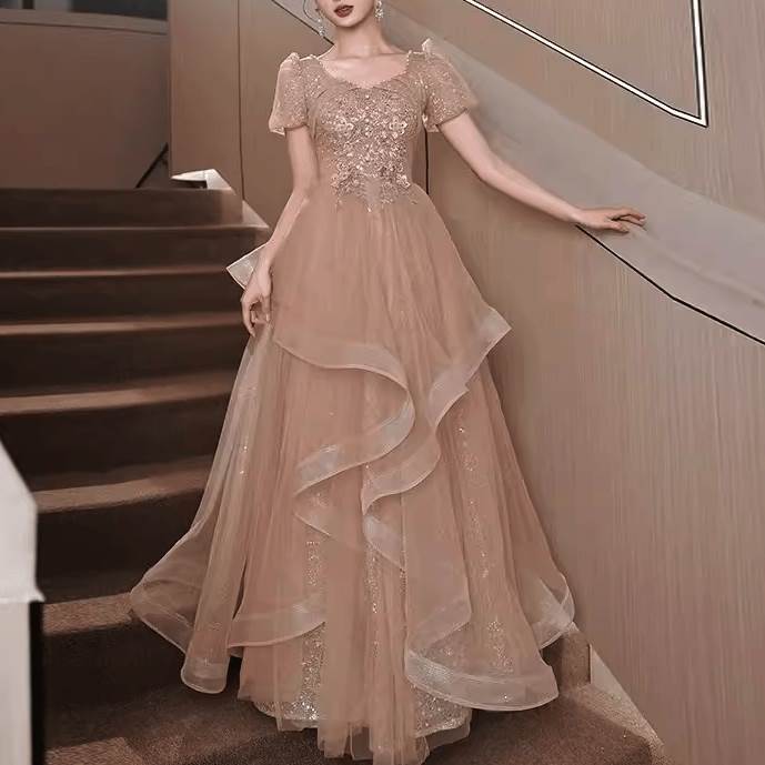 ドレス レディース ワンピース ロング ドレス マキシ 半袖 ラメ感 フレア 切り替え チュール シフォン フリル かわいい 大人可愛い きれいめ シンプル 上品 ガーリー 無地 オールシーズン 披露宴 パーティー 発表会 モテ トレンド 流行 インスタ映え 送料無料｜グランスック