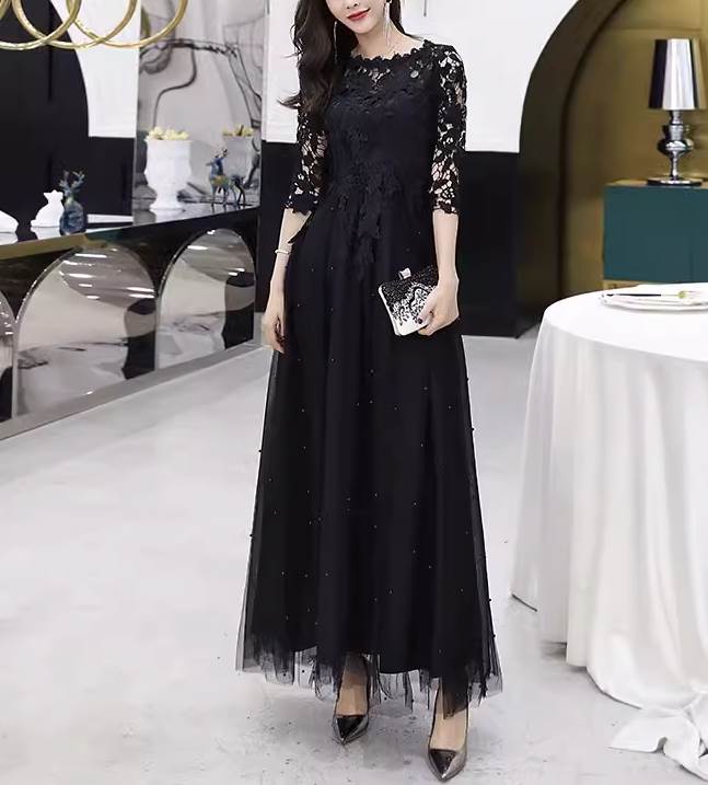 ドレス ワンピース ウェディング パーティー 結婚式 演奏会 発表会 ステージ 舞台 フォーマル キャバ ダンス 衣装 コスプレ コスチューム 謝恩会 演劇 ラウンジ クラブ ミモレ ロング 7分袖 ラウンドネック ストレート レース チュール 透け感 可愛い きれいめ