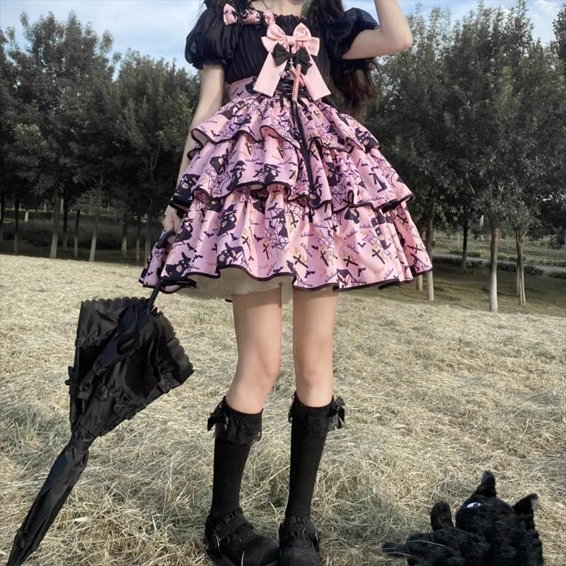 ハロウィン ロリ ロリータ ドレス レディース ワンピース ミニ 膝上 袖なし ノースリーブ フレア バルーン リボン ハイウエスト バイカラー 配色 かわいい おしゃれ こなれ感 ガーリー ルーズ 個性的 主役級 存在感 ラブリー キュート ゴシック プリンセス 都会的 総柄