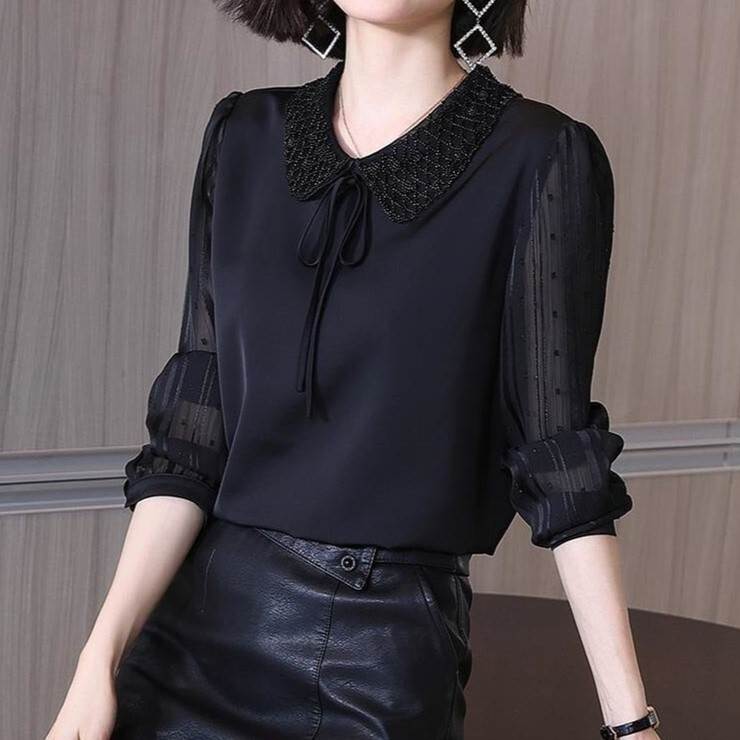 レディース トップス シャツ 長袖 襟付き ストレート レース シフォン リボン 大人可愛い きれいめ おしゃれ かっこいい ラフ ガーリー クール 都会的 ナチュラル 無地 春 夏 通勤 デート お出かけ お泊まり イベント 旅行 レストラン 公園 女子会 休日 ホテル